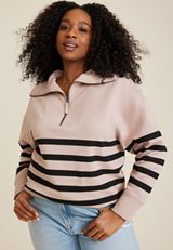 Plus Size Willowsoft Collared Striped Sweatshirt, C9081, small