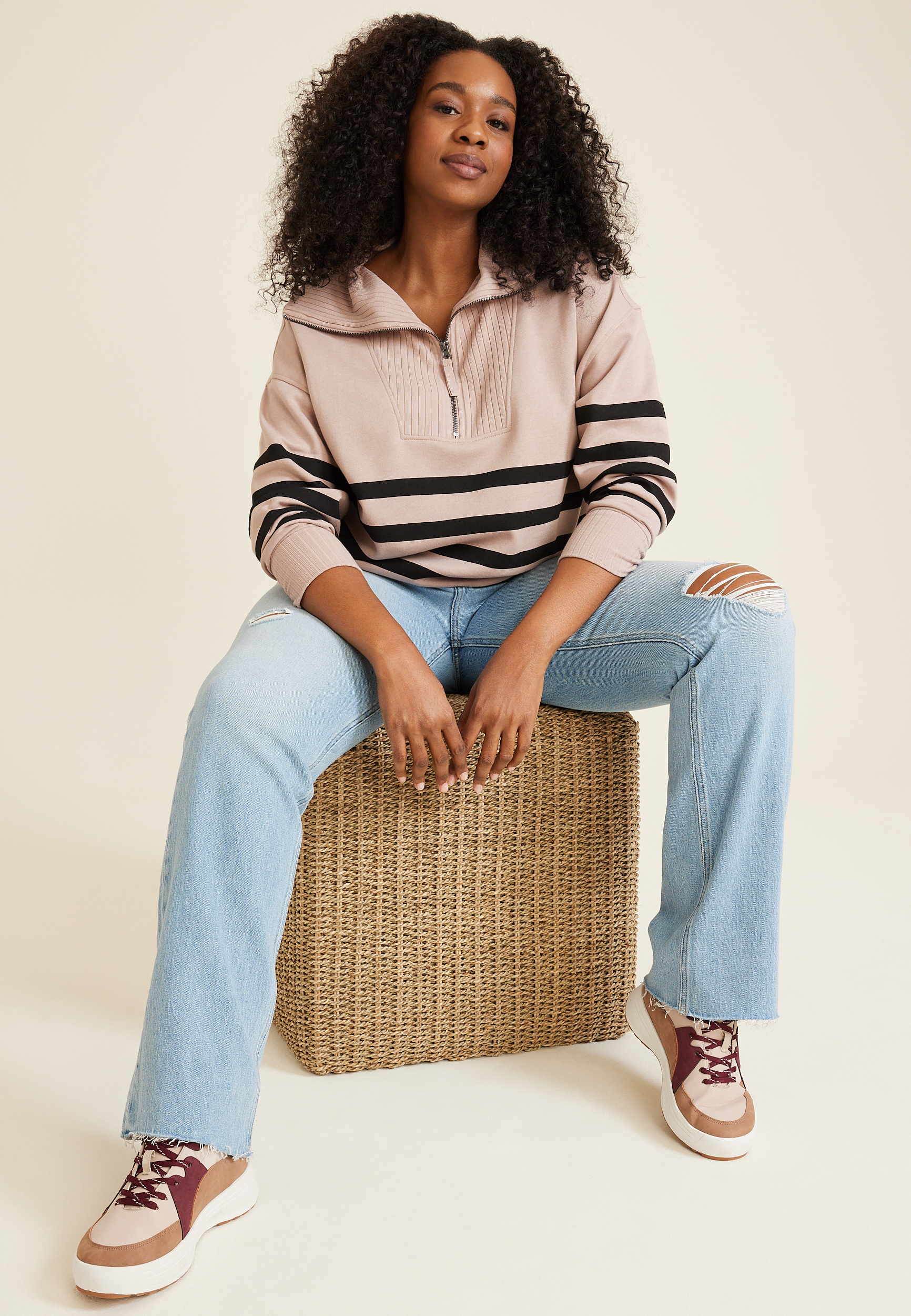 Plus Size Willowsoft Collared Striped Sweatshirt, C9081, large