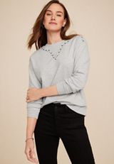 Stud Embellished Mock Neck Sweatshirt, LIGHT HEATHER GRAY, small