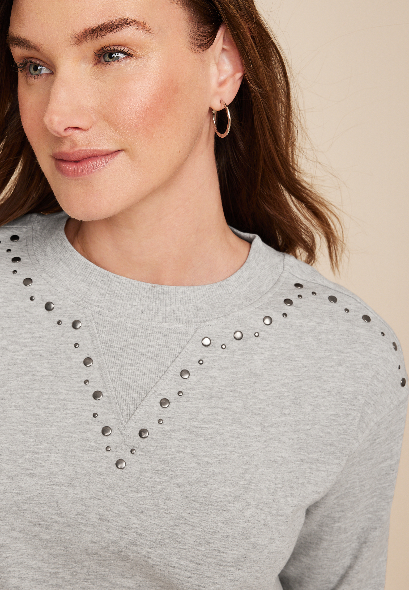 Stud Embellished Mock Neck Sweatshirt, LIGHT HEATHER GRAY, large