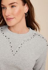Stud Embellished Mock Neck Sweatshirt, LIGHT HEATHER GRAY, small