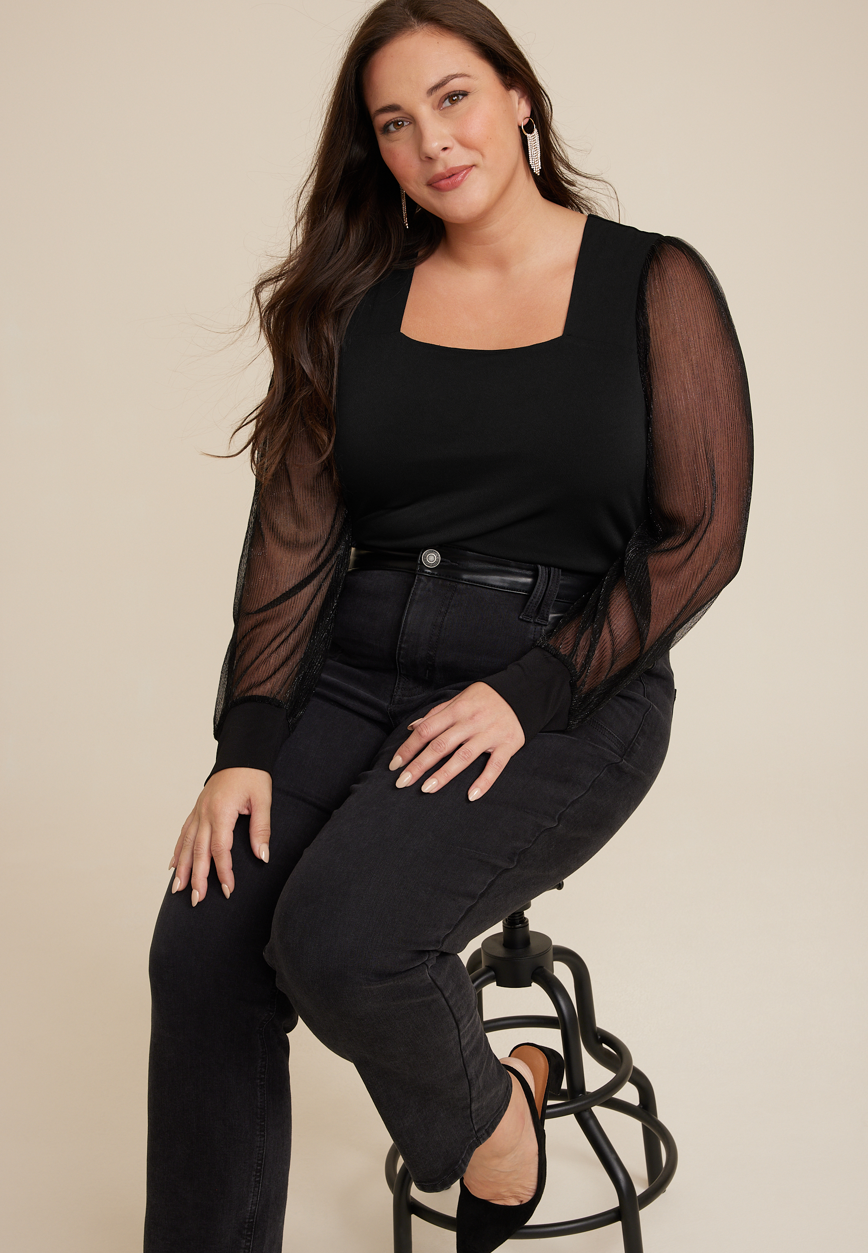 Plus Size Plisse Sleeve Blouse, C106, large