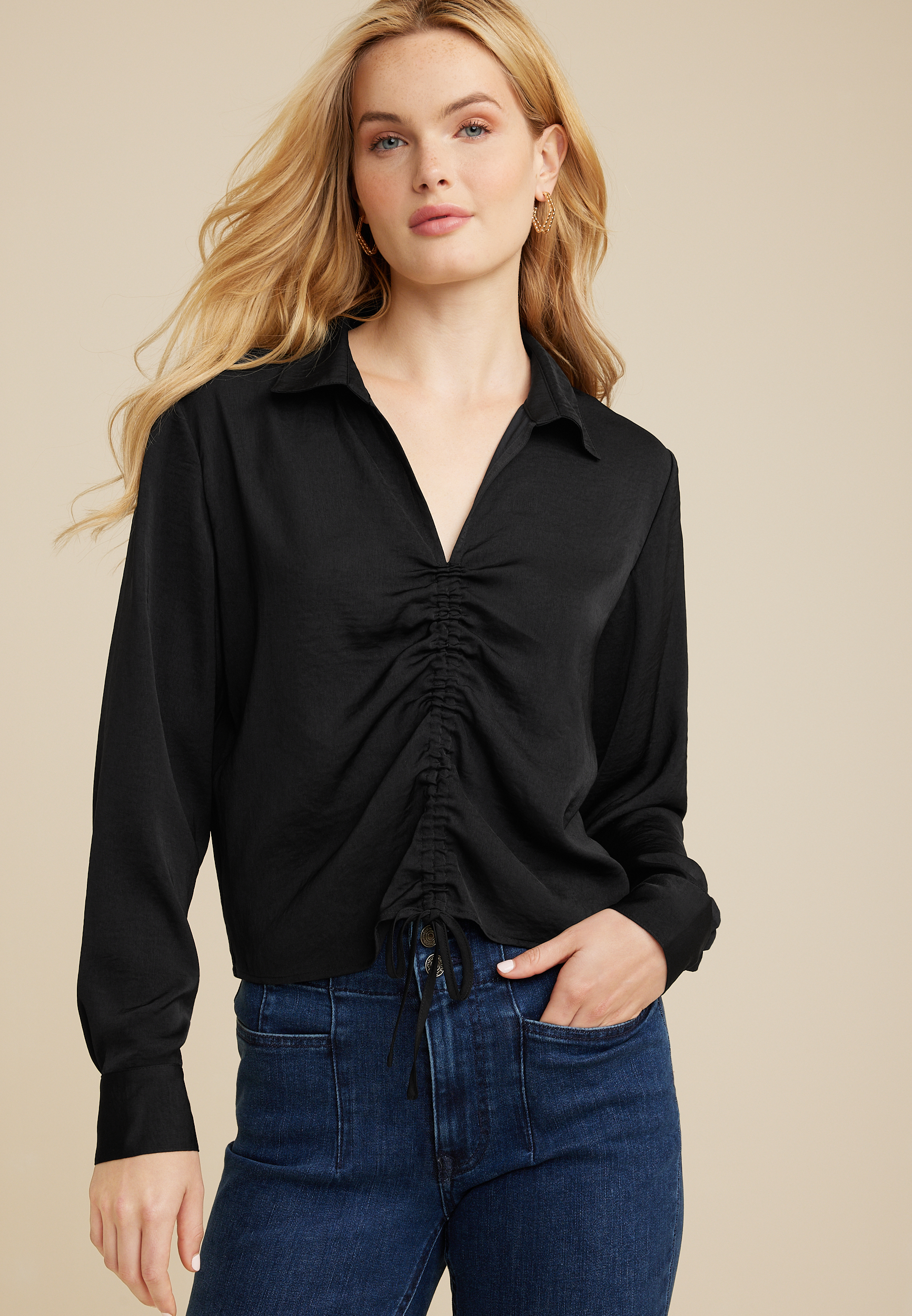Satin Collared Cinched Front Blouse | maurices