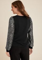 Sequin Sleeve Blouse, BLACK, small