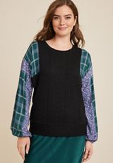 Mixed Media Sleeve Pullover, BLACK COMBO, small