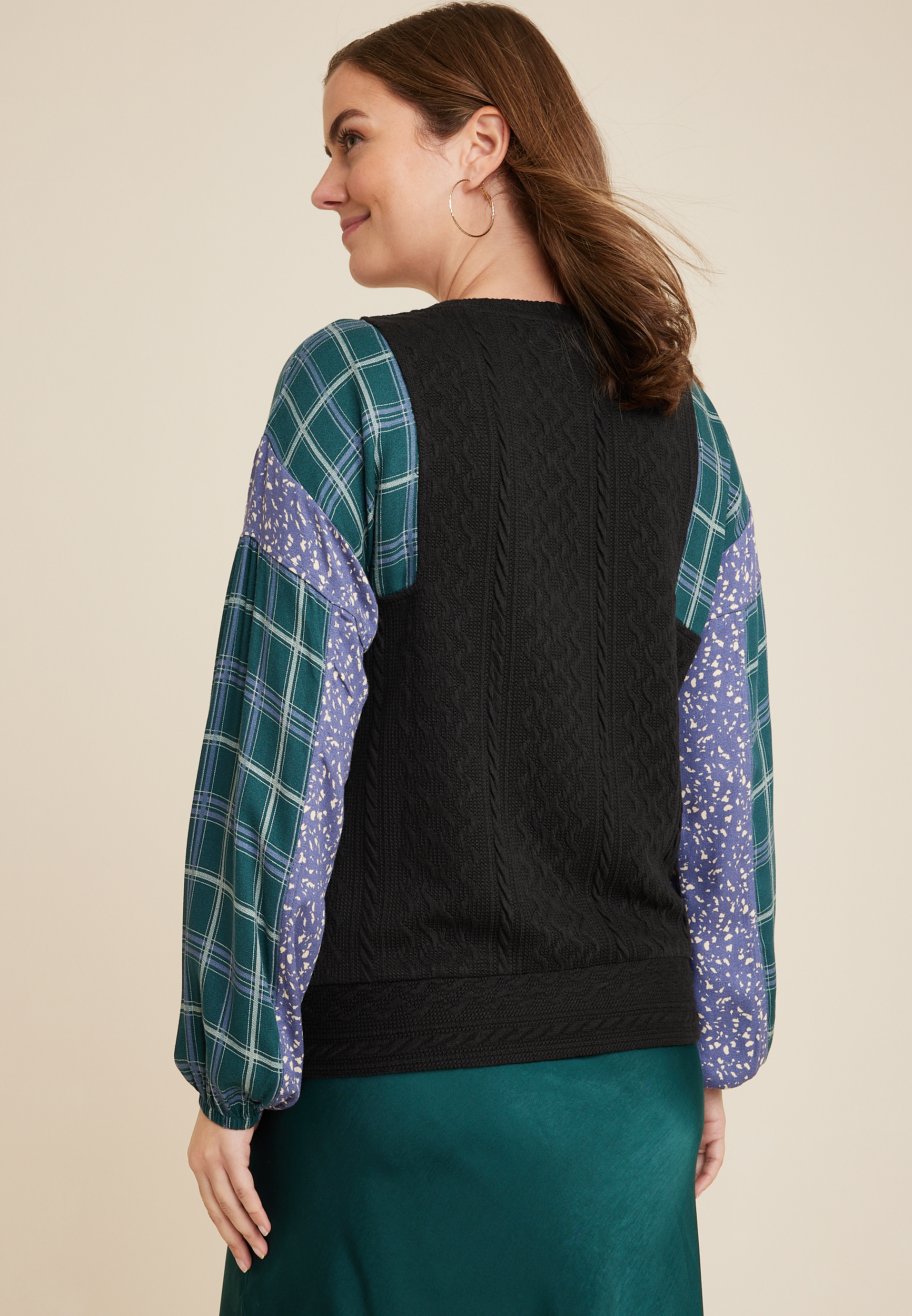 Mixed Media Sleeve Pullover, BLACK COMBO, large