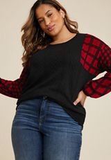 Plus Size Mixed Media Buffalo Plaid Sleeve Pullover, C7044, small