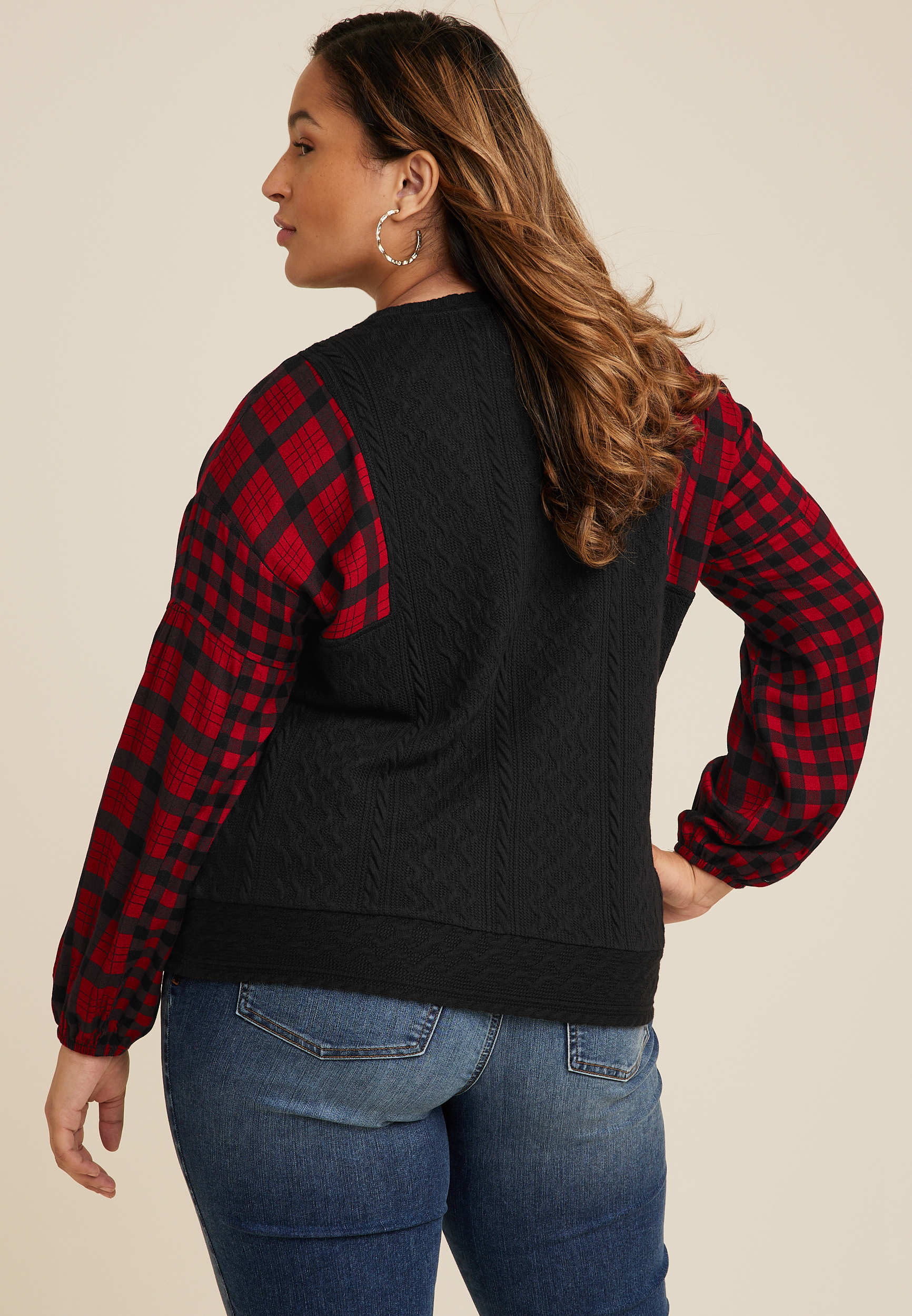 Plus Size Mixed Media Buffalo Plaid Sleeve Pullover, C7044, large