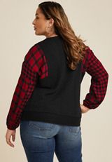 Plus Size Mixed Media Buffalo Plaid Sleeve Pullover, C7044, small