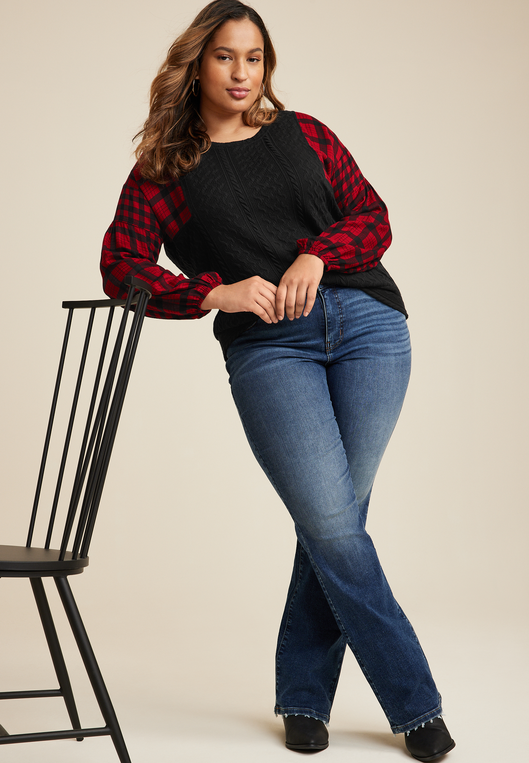 Plus Size Mixed Media Buffalo Plaid Sleeve Pullover, C7044, large
