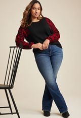 Plus Size Mixed Media Buffalo Plaid Sleeve Pullover, C7044, small