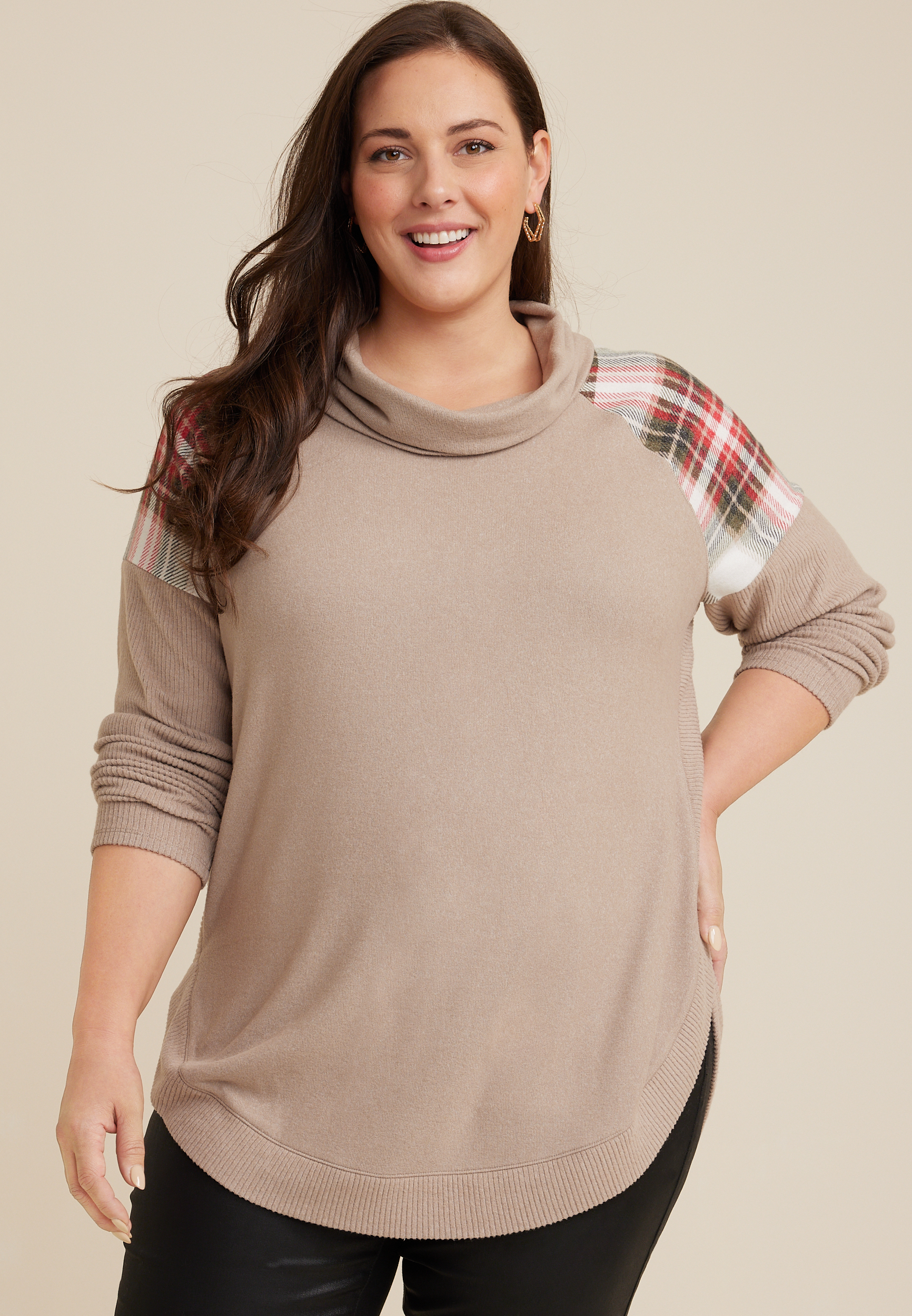 Plus Size Faux Pearl Embellished Mock Neck Sweater