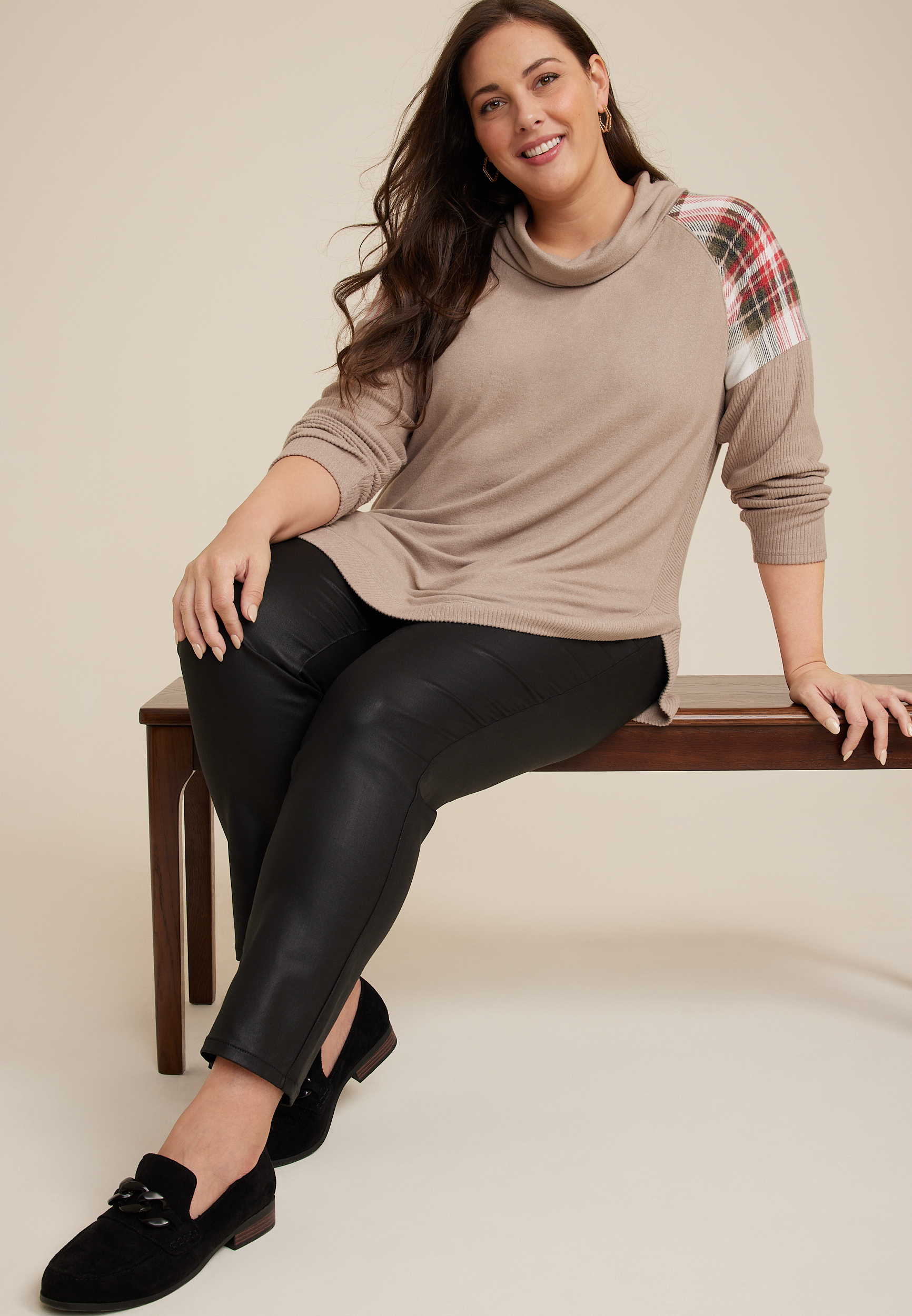 Plus Size Haven Cowl Neck Top, HEATHERED COCOA COMBO, large