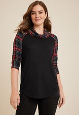 Tartan Plaid Sleeve Cowl Neck Top, BLACK COMBO, small
