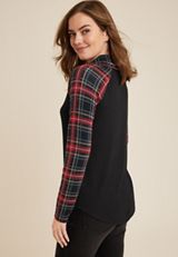 Tartan Plaid Sleeve Cowl Neck Top, BLACK COMBO, small
