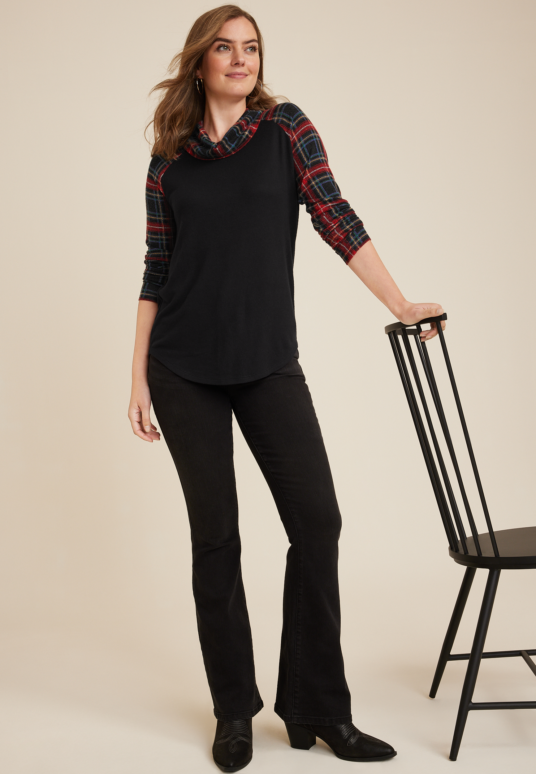 Tartan Plaid Sleeve Cowl Neck Top, BLACK COMBO, large
