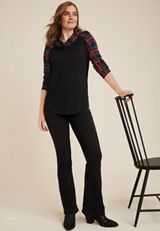 Tartan Plaid Sleeve Cowl Neck Top, BLACK COMBO, small
