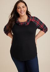 Plus Size Tartan Plaid Sleeve Cowl Neck Top, C1756, small