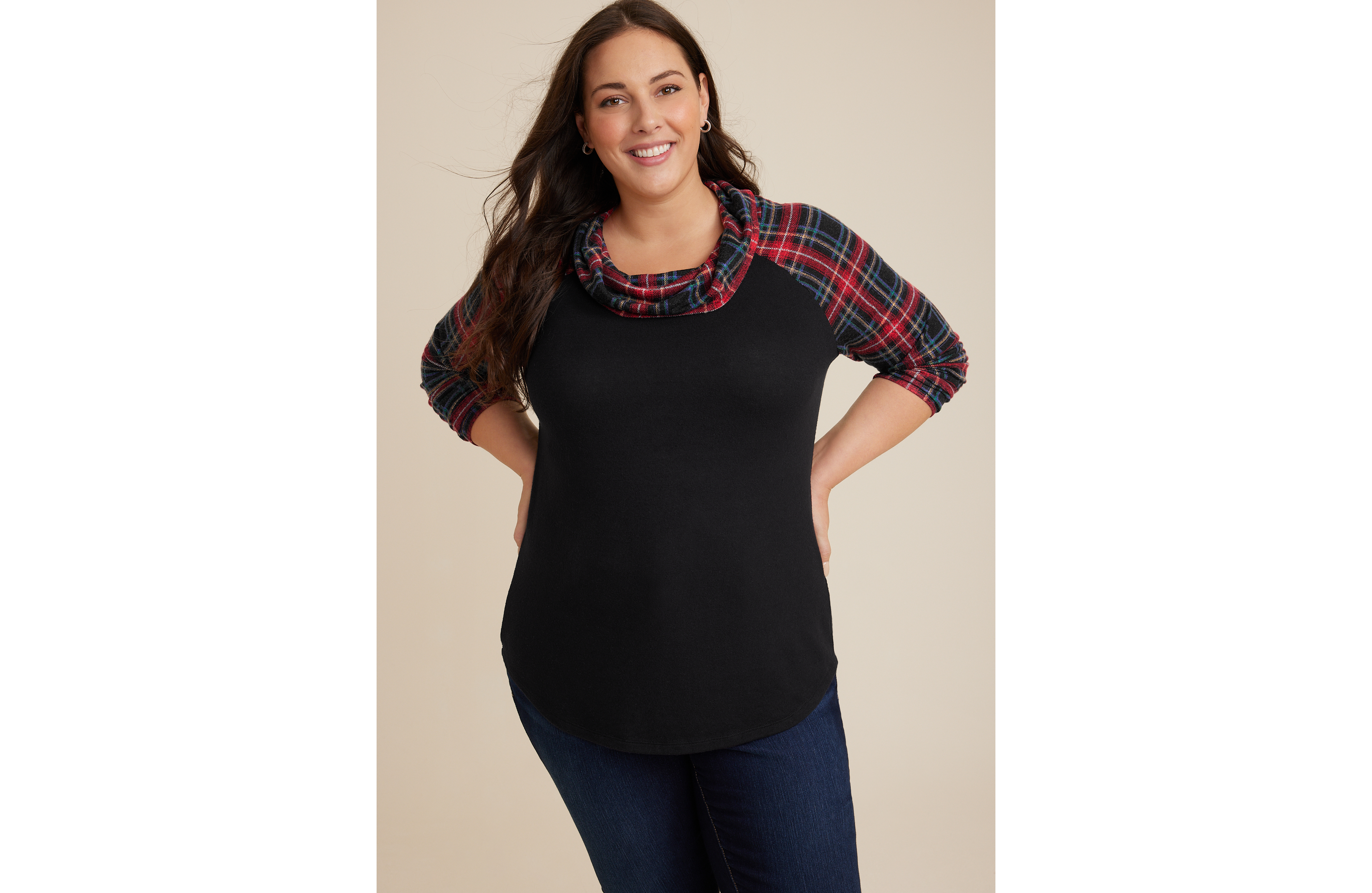 Plus Tartan Plaid Sleeve Cowl Neck Top