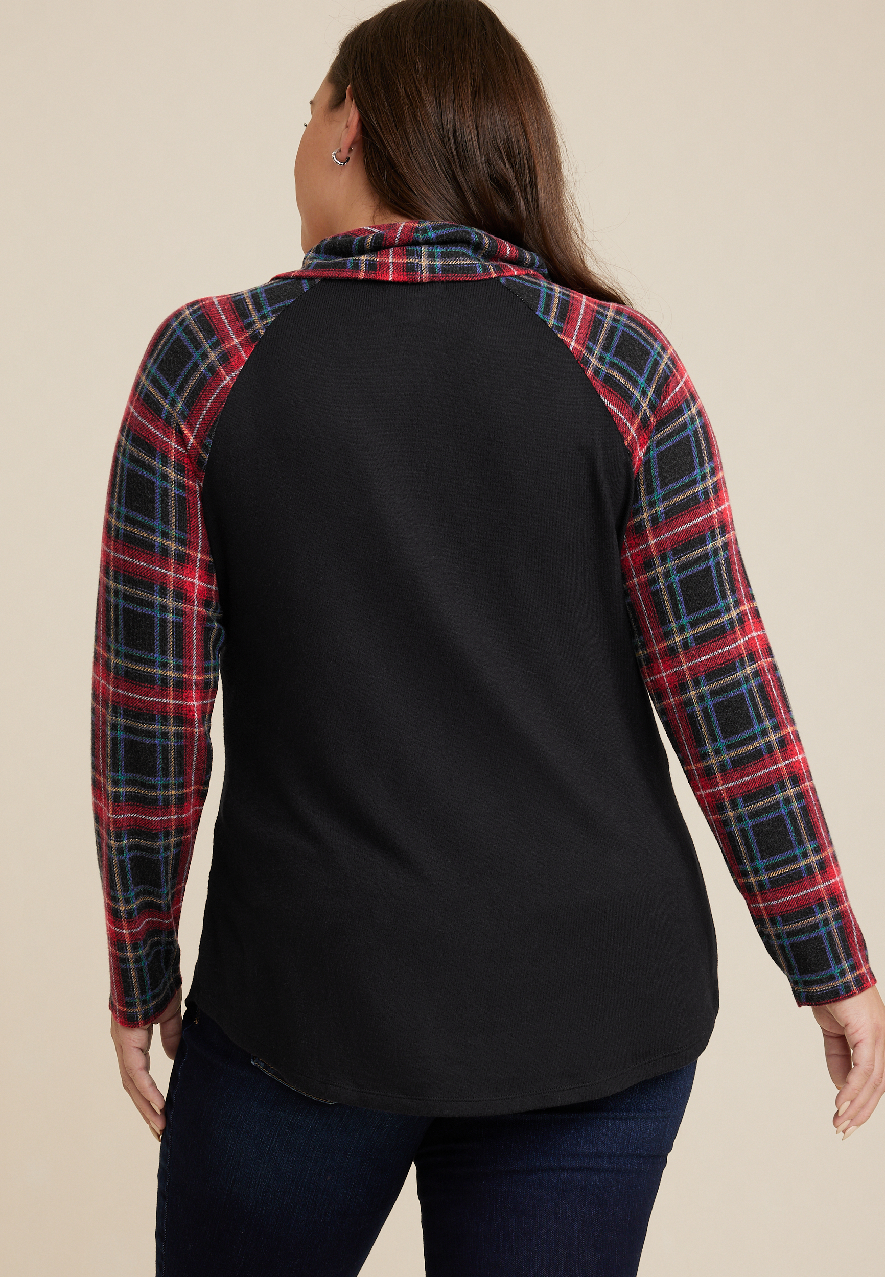 Plus Size Tartan Plaid Sleeve Cowl Neck Top, C1756, large