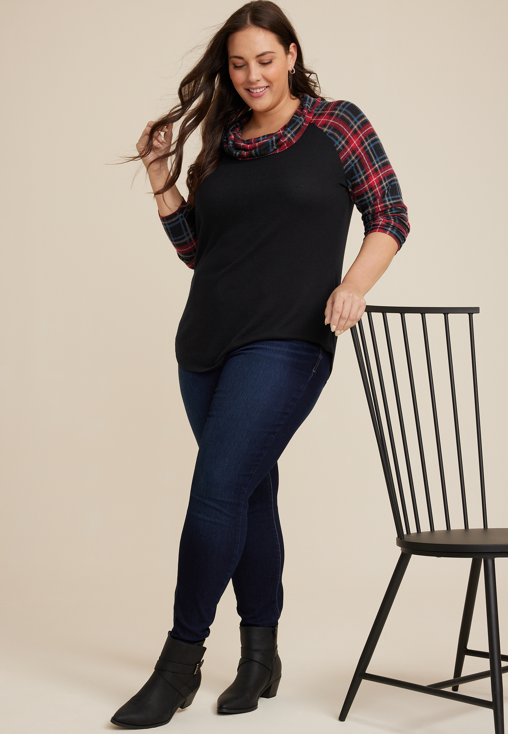 Plus Size Tartan Plaid Sleeve Cowl Neck Top, C1756, large