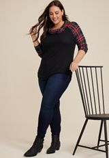 Plus Size Tartan Plaid Sleeve Cowl Neck Top, C1756, small