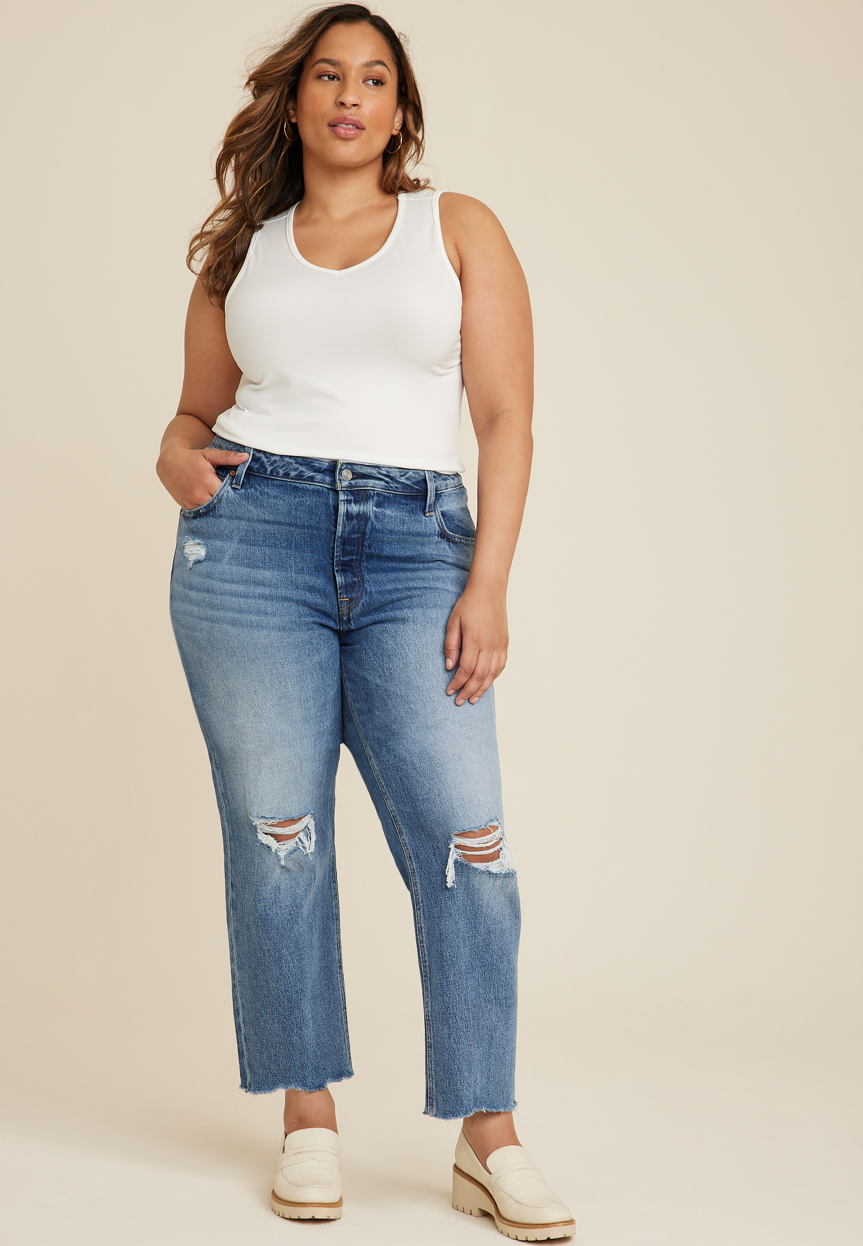 Freakins Plus Size Bootcut Ripped Jeans Lightly Washed Bootcut
