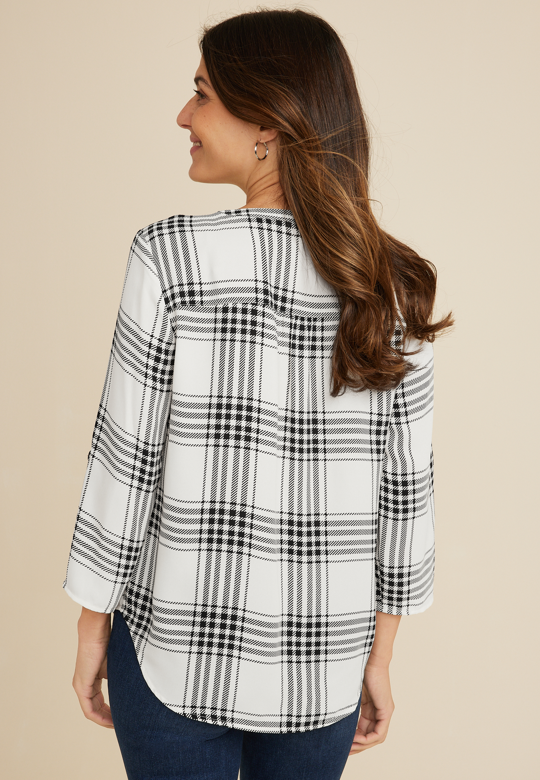 Atwood Plaid 3/4 Sleeve Popover Blouse, C3986, large