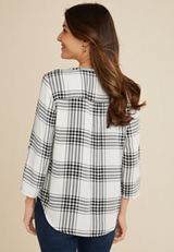 Atwood Plaid 3/4 Sleeve Popover Blouse, C3986, small