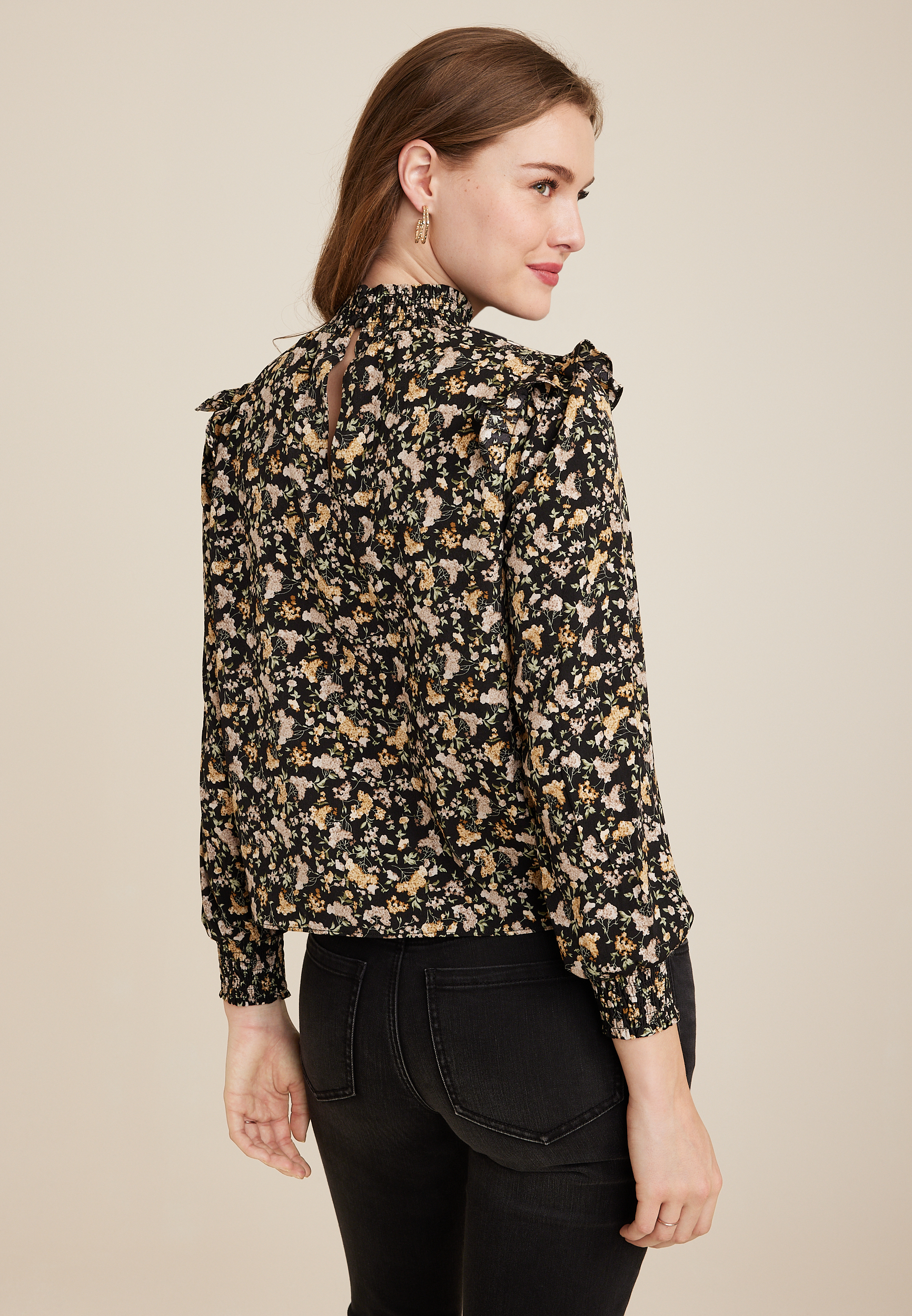 Vigoss&reg; Floral High Neck Ruffle Trim Blouse, C1756, large