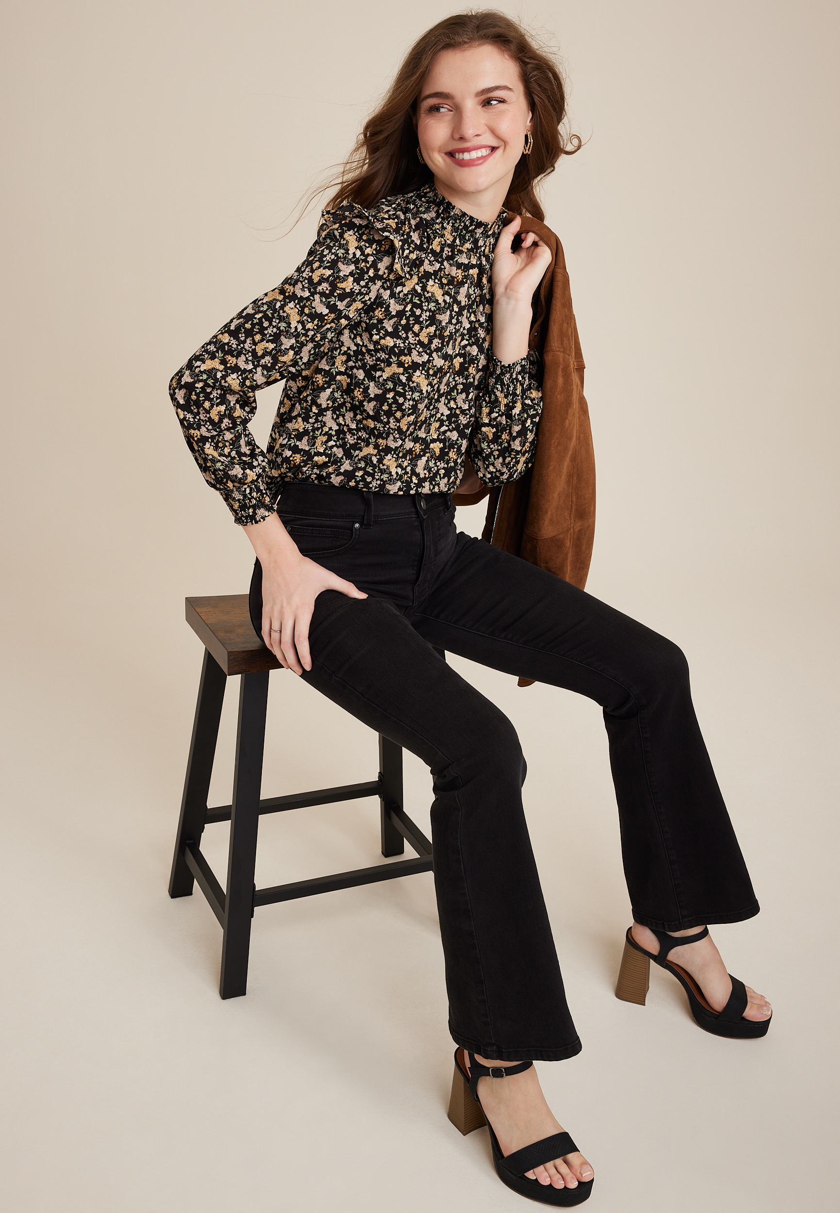 Vigoss&reg; Floral High Neck Ruffle Trim Blouse, C1756, large