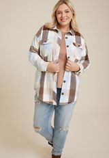 Plus Size Plaid Twill Shacket, ECRU COMBO, small