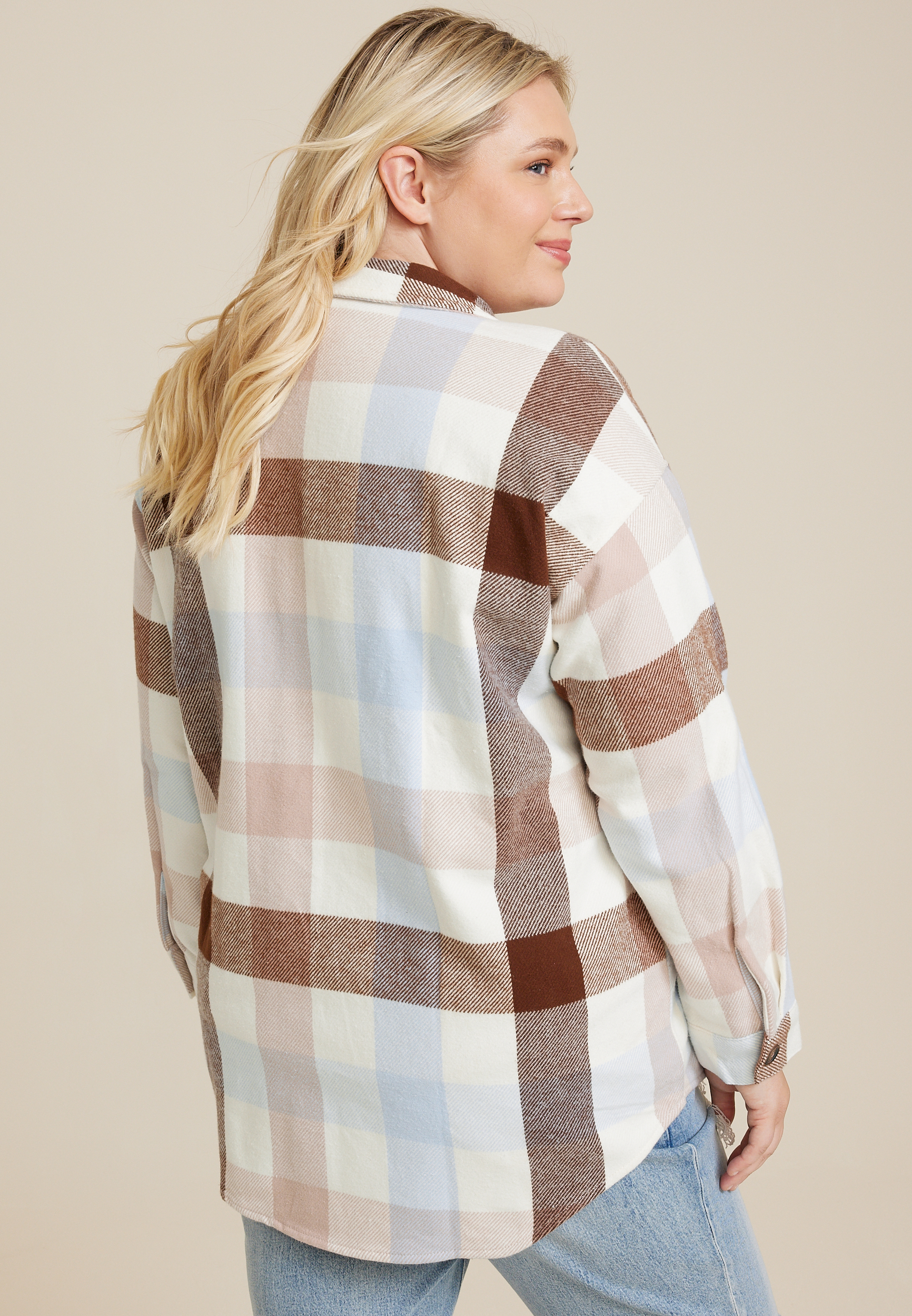 Plus Size Plaid Twill Shacket, ECRU COMBO, large