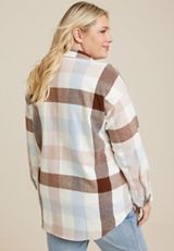 Plus Size Plaid Twill Shacket, ECRU COMBO, small