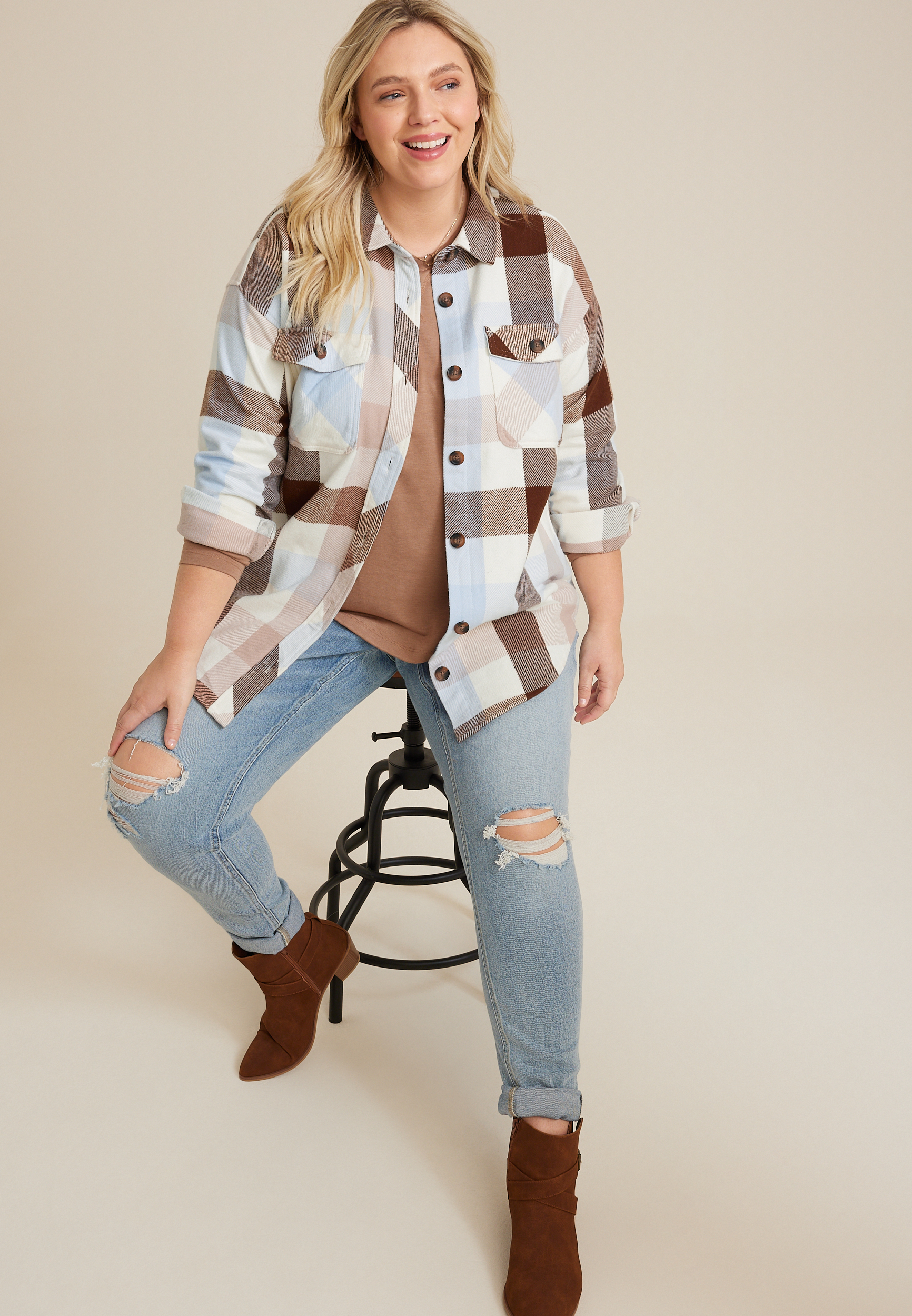 Plus Size Plaid Twill Shacket, ECRU COMBO, large