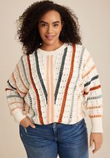 Plus Size Chenille Striped Dolman Sweater, ECRU COMBO, small