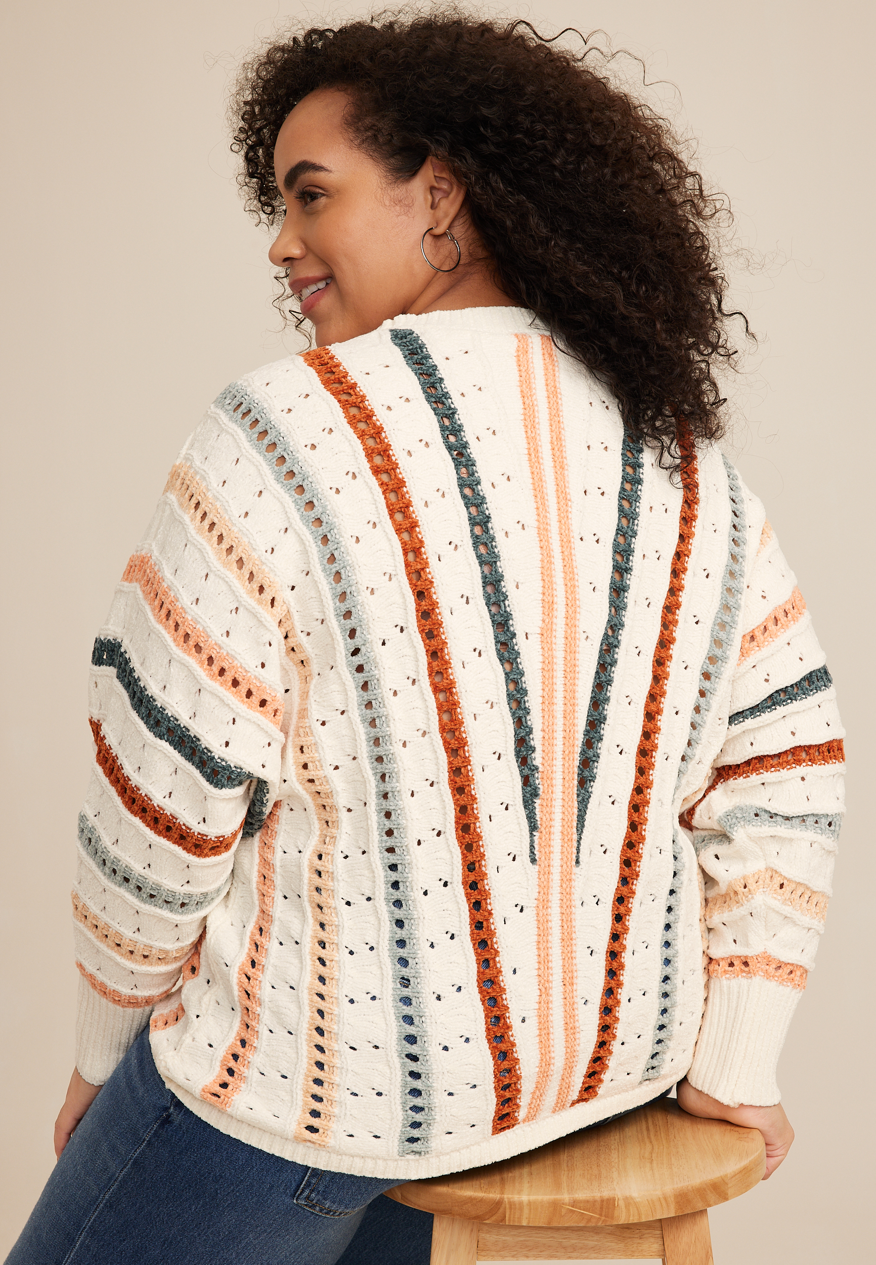 Plus Size Chenille Striped Dolman Sweater, ECRU COMBO, large