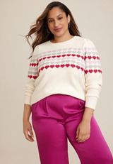 Plus Size Heart Puff Sleeve Crew Neck Sweater, ECRU COMBO, small