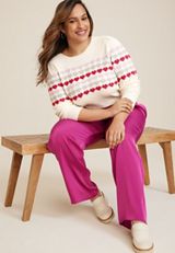 Plus Size Heart Puff Sleeve Crew Neck Sweater, ECRU COMBO, small