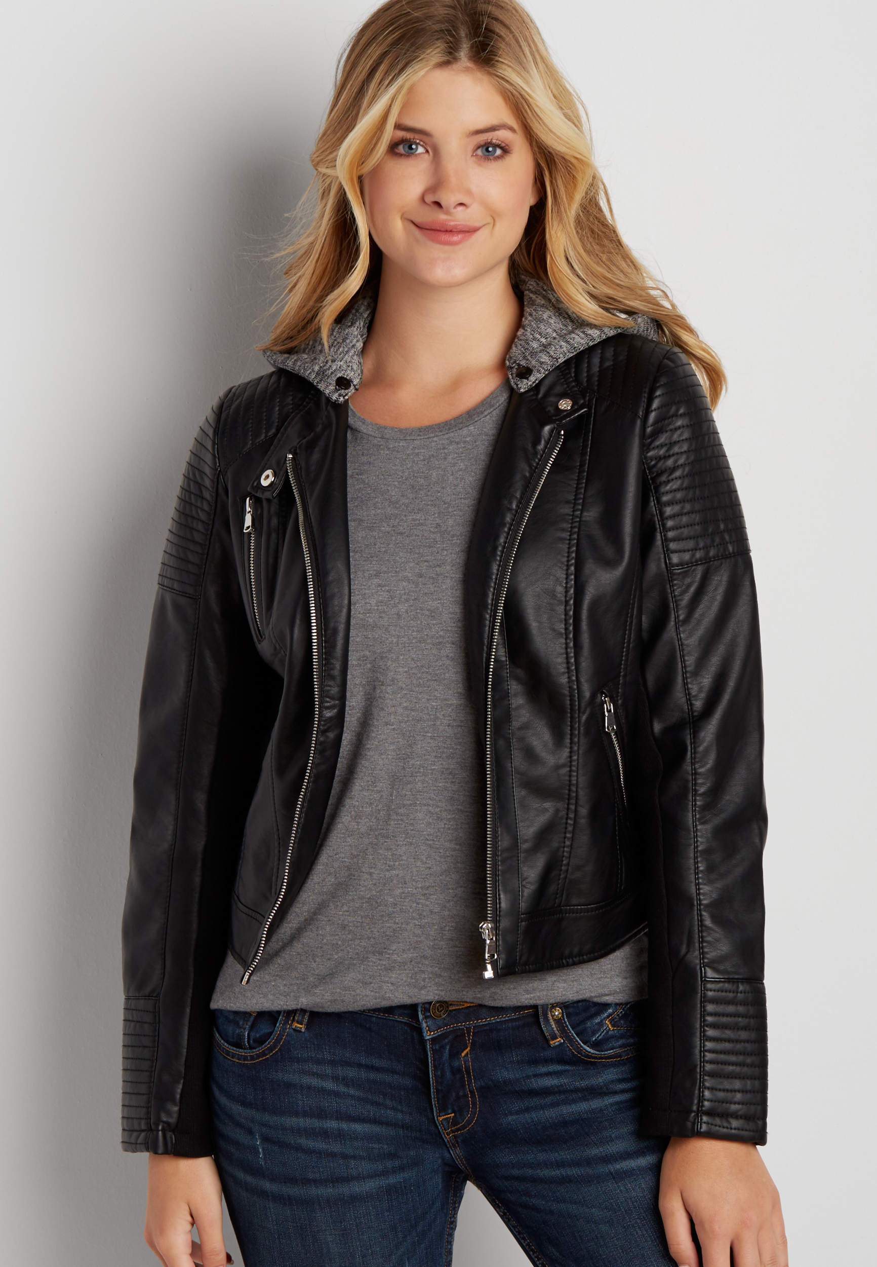 faux leather scuba jacket with knit hood maurices