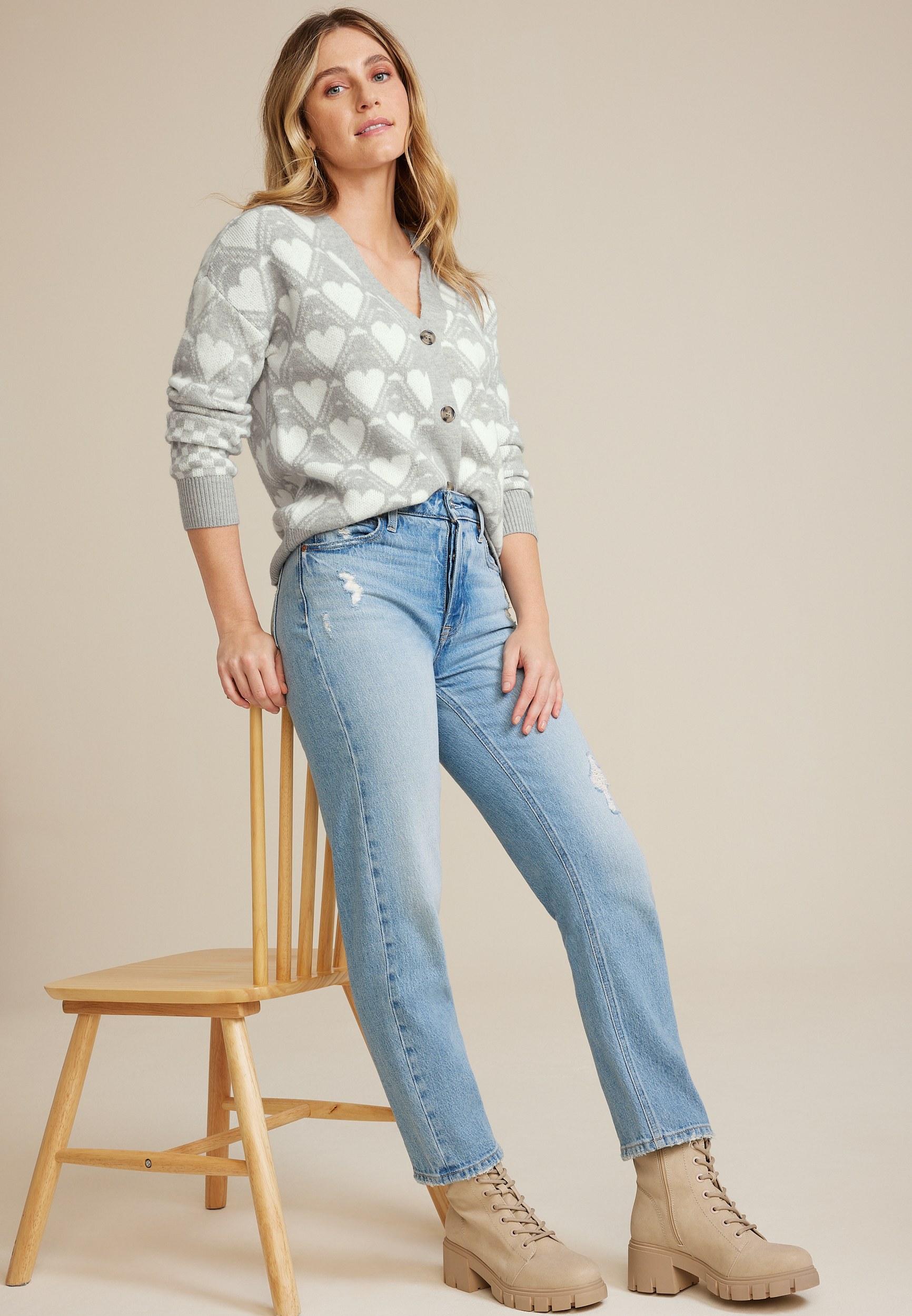 Argyle Heart Button Down Cardigan, LIGHT HEATHER GRAY COMBO, large