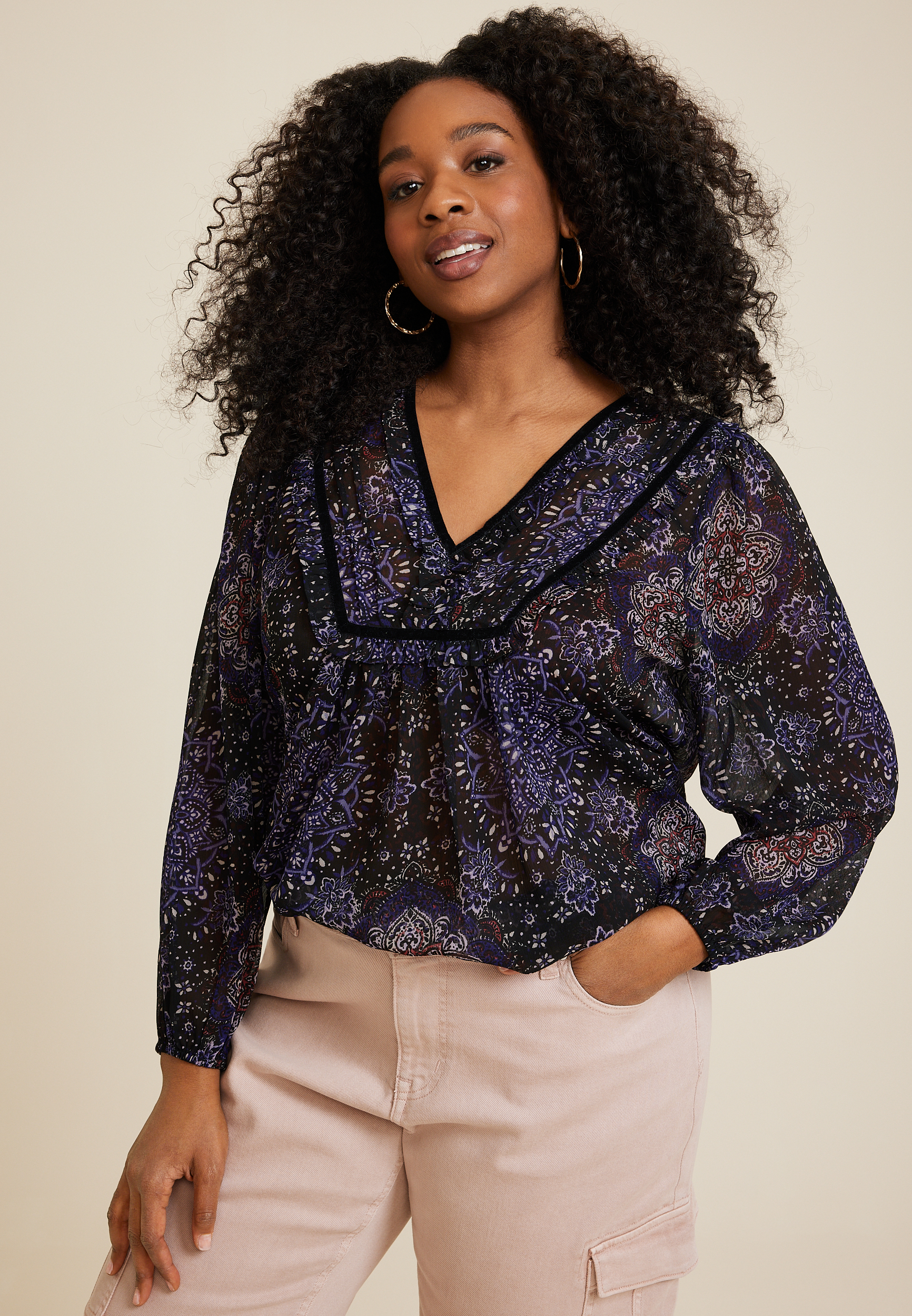 Plus Size Atwood Paisley 3/4 Sleeve Popover Blouse
