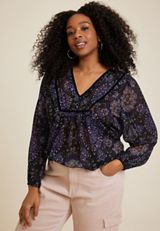 Plus Size Velvet Trim Peasant Blouse, C1524, small