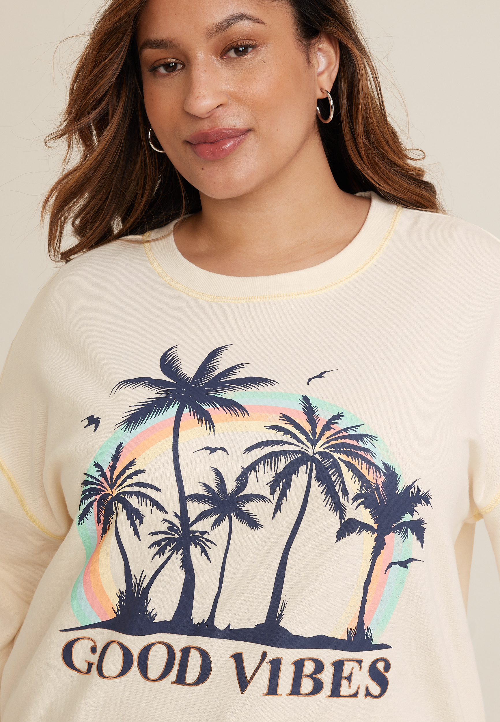 Plus Size Good Vibes Palm Tree Sweatshirt, C1754, large