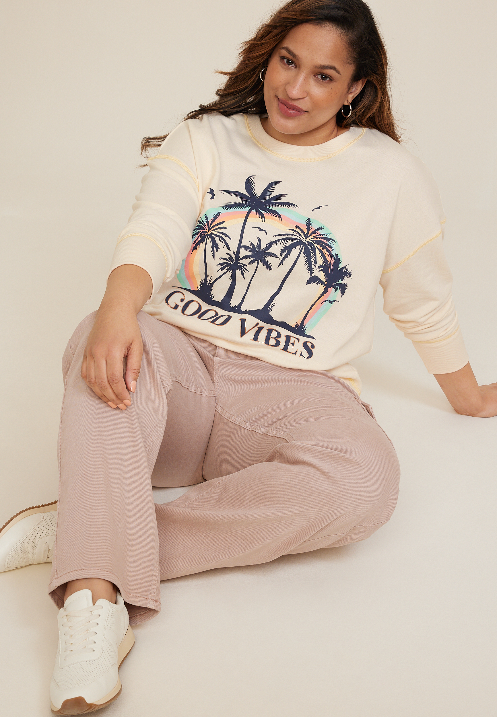 Plus Size Good Vibes Palm Tree Sweatshirt, C1754, large