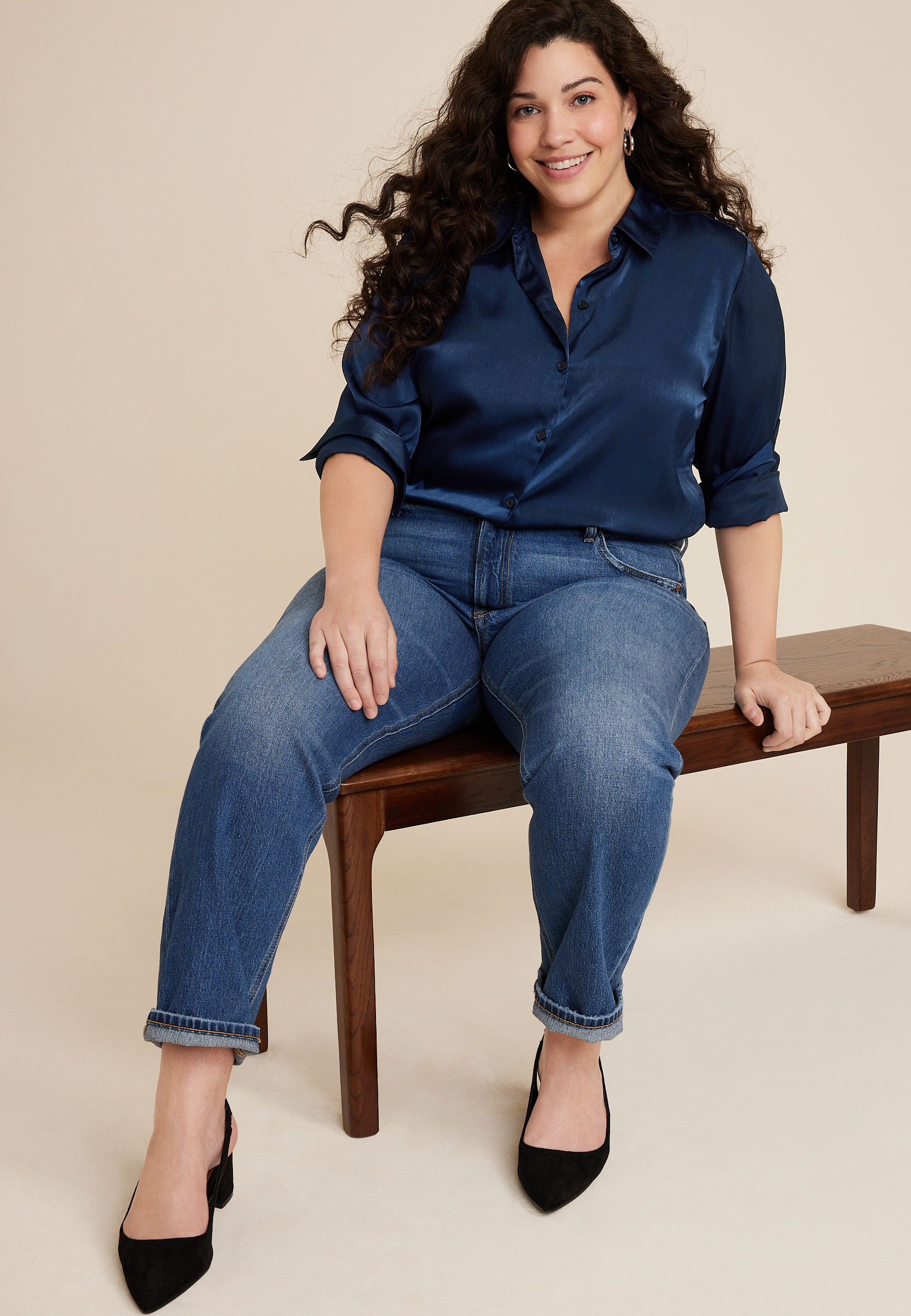 Plus Size Winona Satin Button Down Blouse, C9252, large