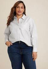 Plus Size 90s Prep Metallic Striped Relaxed Button Up Shirt, C2380, small