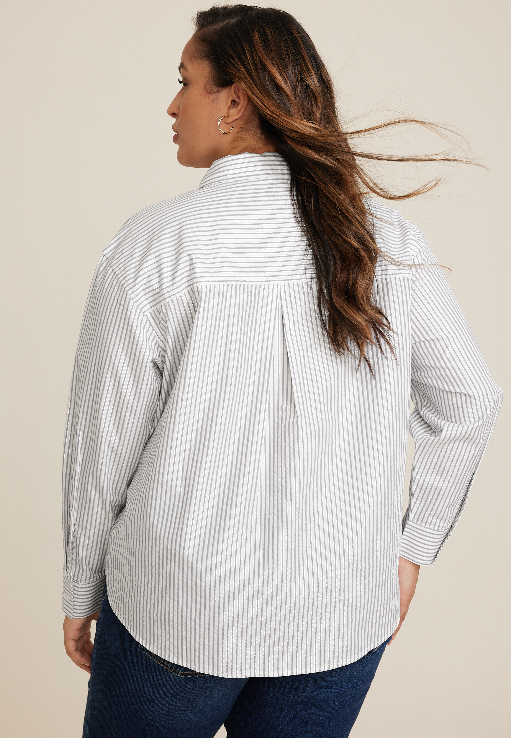 Plus Size 90s Prep Metallic Striped Relaxed Button Up Shirt, C2380, large