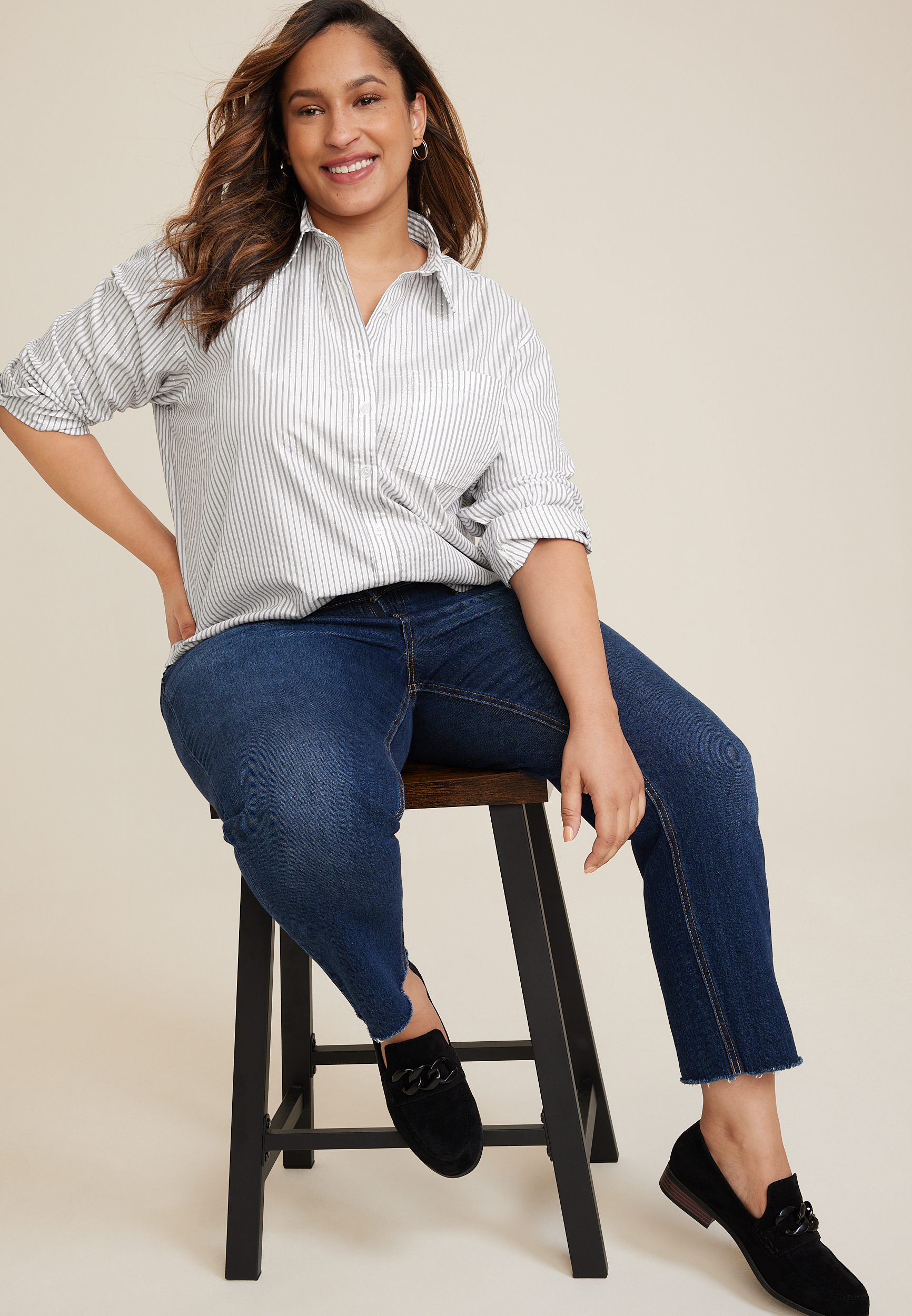 Plus Size 90s Prep Metallic Striped Relaxed Button Up Shirt, C2380, large