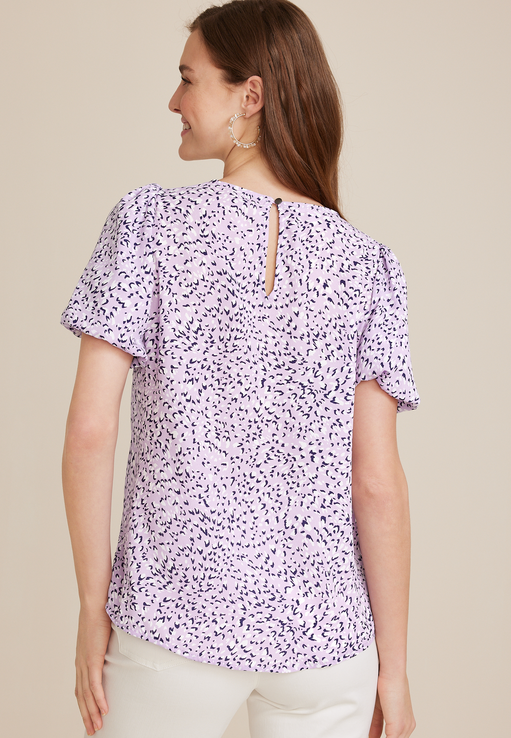 Animal Puff Sleeve Blouse, PURPLE COMBO, large